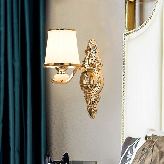 Traditional Cone Bedroom Wall Light Fixture with White Glass & Carved Chrome/Gold Backplate