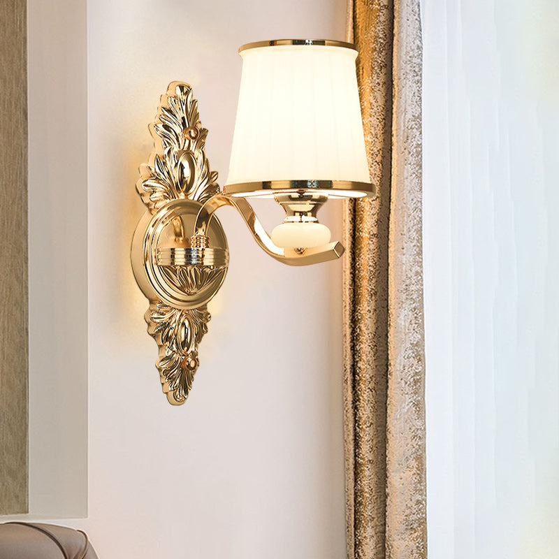 Traditional Cone Bedroom Wall Light Fixture with White Glass & Carved Chrome/Gold Backplate