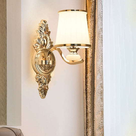 Traditional Cone Bedroom Wall Light Fixture with White Glass & Carved Chrome/Gold Backplate