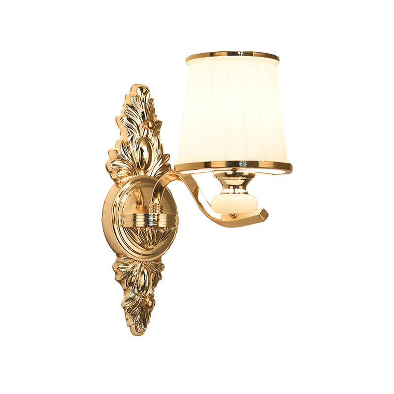 Traditional Cone Bedroom Wall Light Fixture with White Glass & Carved Chrome/Gold Backplate