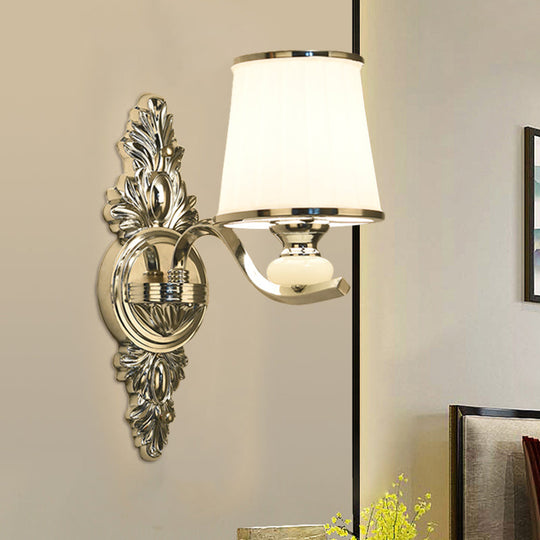 Traditional Cone Bedroom Wall Light Fixture with White Glass & Carved Chrome/Gold Backplate