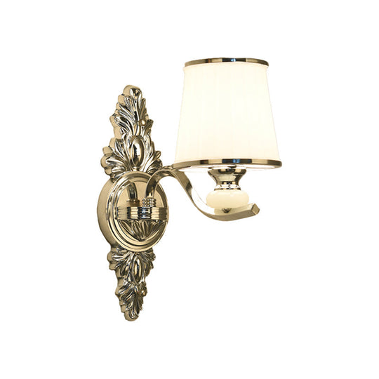 Traditional Cone Bedroom Wall Light Fixture with White Glass & Carved Chrome/Gold Backplate