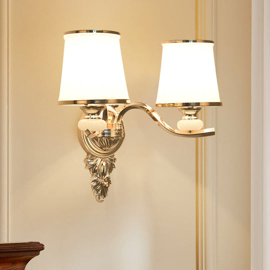 Traditional Cone Bedroom Wall Light Fixture with White Glass & Carved Chrome/Gold Backplate