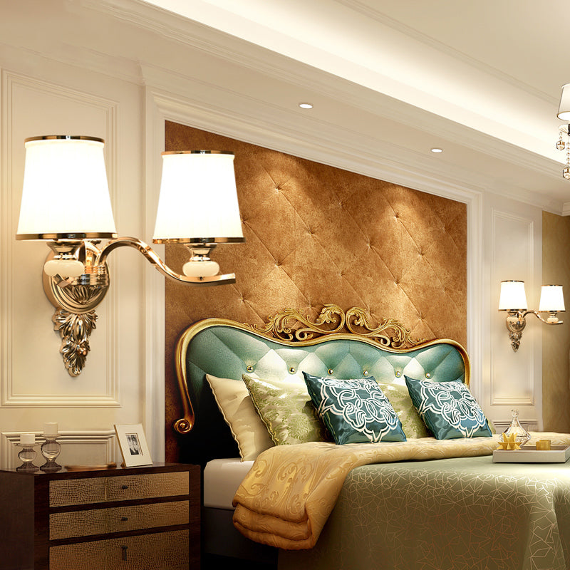 Traditional Cone Bedroom Wall Light Fixture with White Glass & Carved Chrome/Gold Backplate