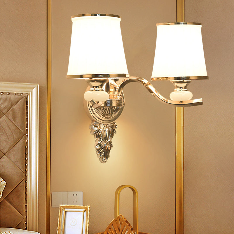 Traditional Cone Bedroom Wall Light Fixture with White Glass & Carved Chrome/Gold Backplate