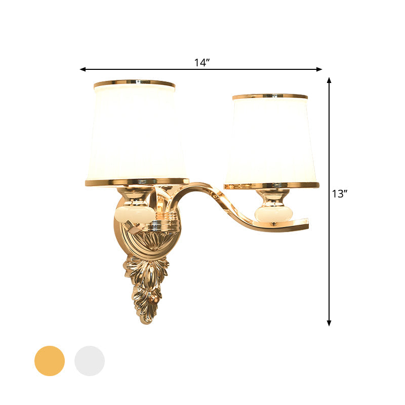 Traditional Cone Bedroom Wall Light Fixture with White Glass & Carved Chrome/Gold Backplate