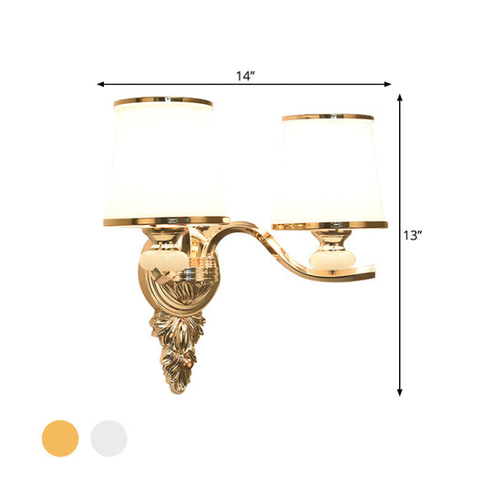 Traditional Cone Bedroom Wall Light Fixture with White Glass & Carved Chrome/Gold Backplate