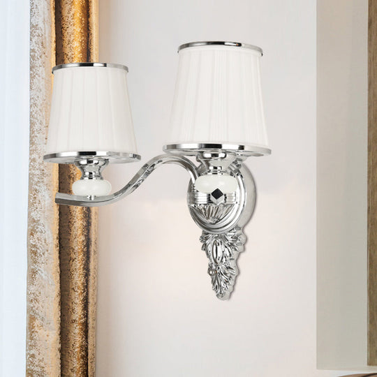 Traditional Cone Bedroom Wall Light Fixture with White Glass & Carved Chrome/Gold Backplate