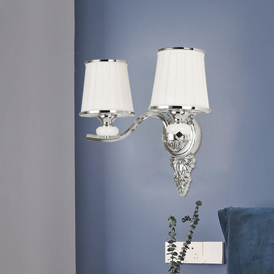 Traditional Cone Bedroom Wall Light Fixture with White Glass & Carved Chrome/Gold Backplate