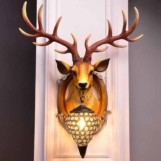 Farmhouse Deer Head Wall Sconce Light with Beveled Crystal Shade