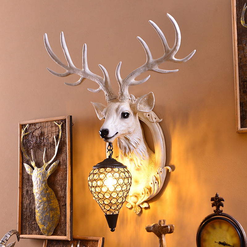 Farmhouse Deer Head Wall Sconce Light with Beveled Crystal Shade