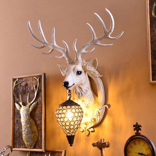 Farmhouse Deer Head Wall Sconce Light with Beveled Crystal Shade