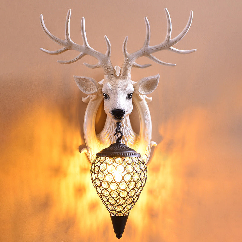 Farmhouse Deer Head Wall Sconce Light with Beveled Crystal Shade