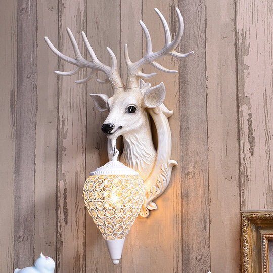 Farmhouse Deer Head Wall Sconce Light with Beveled Crystal Shade
