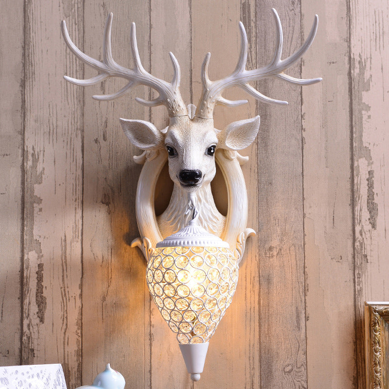 Farmhouse Deer Head Wall Sconce Light with Beveled Crystal Shade