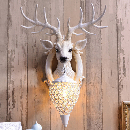 Farmhouse Deer Head Wall Sconce Light with Beveled Crystal Shade