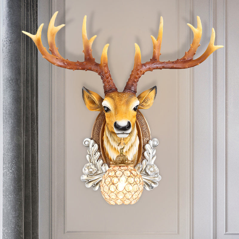 Grey/Yellow Deer Head Wall Sconce with Beveled K9 Crystal for Living Room