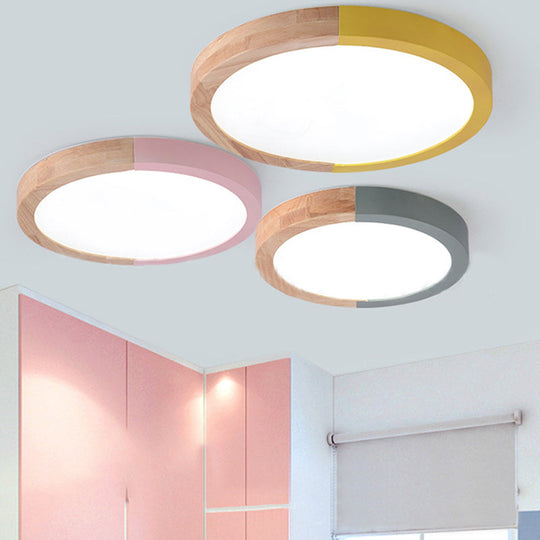 Modern Drum Flush Mount Light with Wood and Acrylic Shade for Kids Bedroom