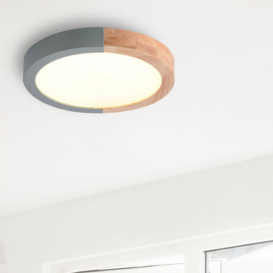 Modern Drum Flush Mount Light with Wood and Acrylic Shade for Kids Bedroom