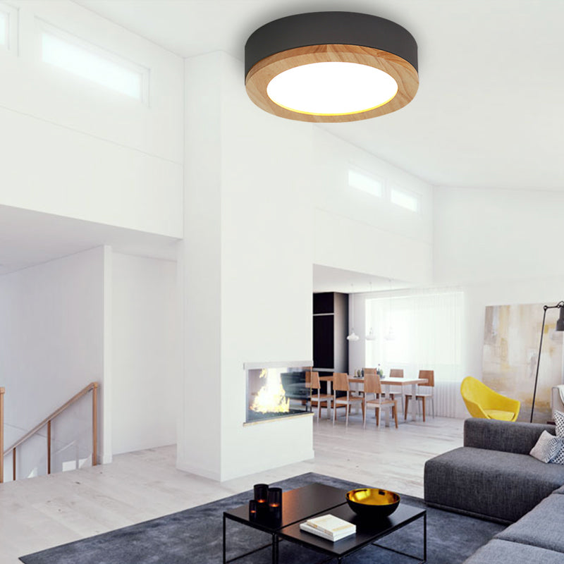 Kids Drum Ceiling Light with Wood and Acrylic Shade - Ideal Bedroom Flush Mount Fixture