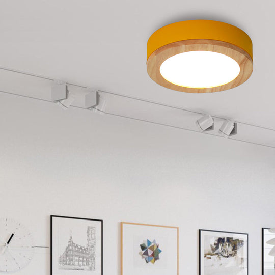 Kids Drum Ceiling Light with Wood and Acrylic Shade - Ideal Bedroom Flush Mount Fixture