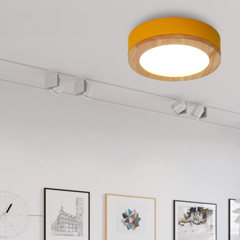 Kids Drum Ceiling Light with Wood and Acrylic Shade - Ideal Bedroom Flush Mount Fixture