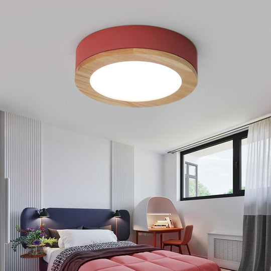 Kids Drum Ceiling Light with Wood and Acrylic Shade - Ideal Bedroom Flush Mount Fixture
