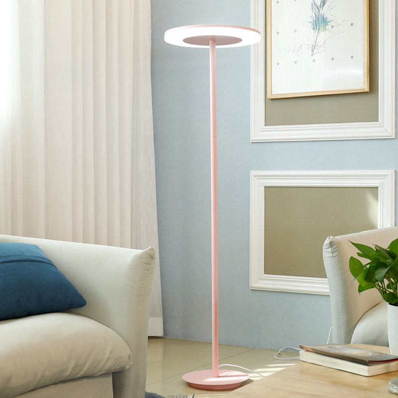 Macaron-Style LED Floor Lamp - Acrylic Disc Stand with Slender Pink/Yellow Stem: Warm/White Light