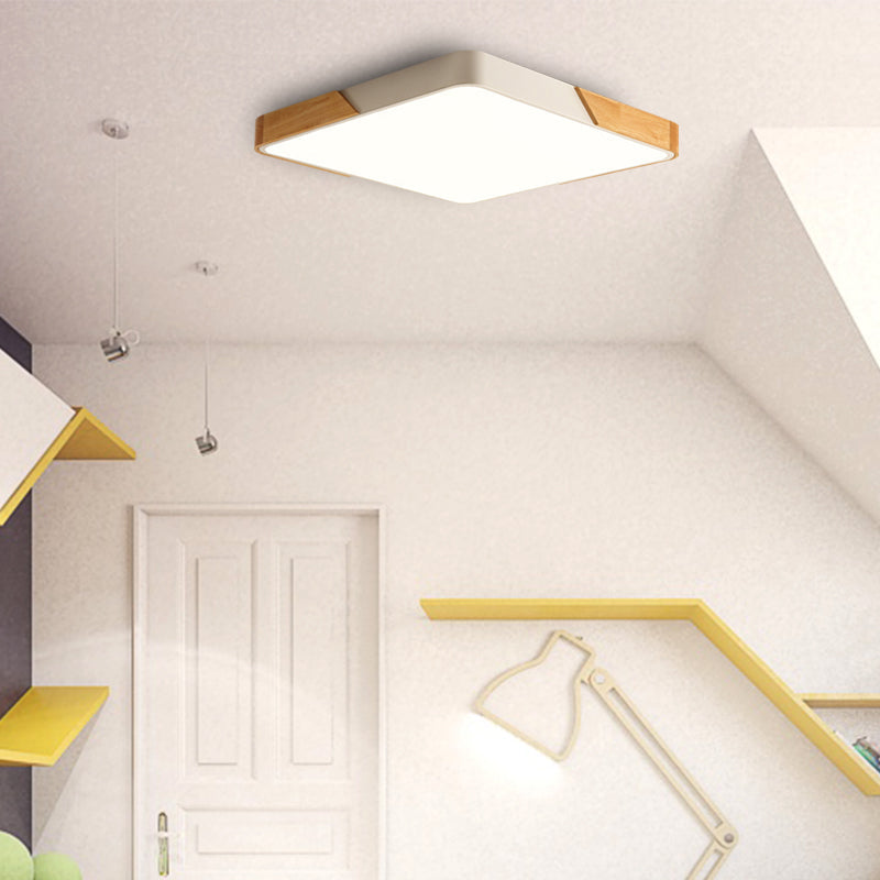 Kids Bedroom Ceiling Light - Nordic Green Square Flush Mount with Wood and Acrylic Shade