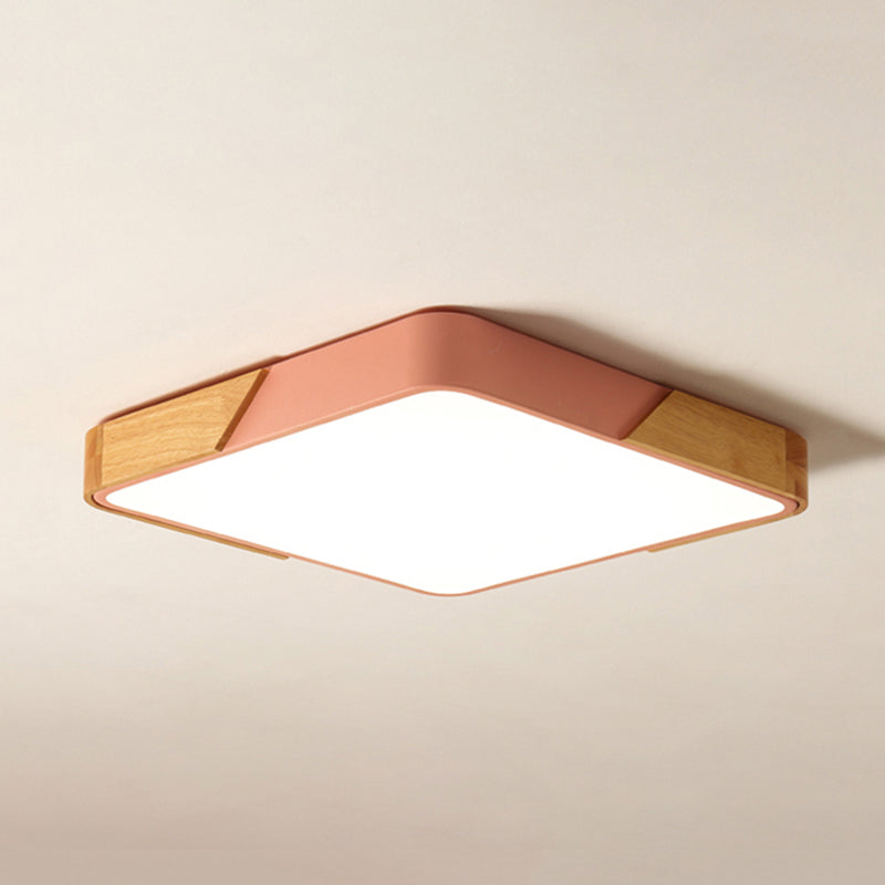 Kids Bedroom Ceiling Light - Nordic Green Square Flush Mount with Wood and Acrylic Shade