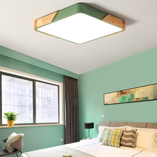 Kids Bedroom Ceiling Light - Nordic Green Square Flush Mount with Wood and Acrylic Shade