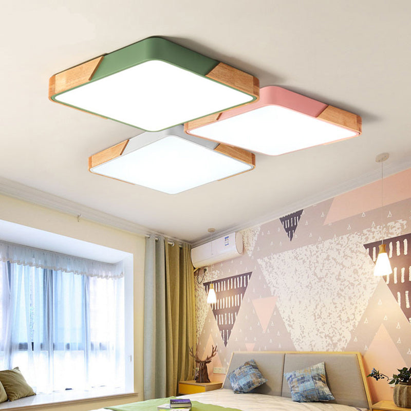 Kids Bedroom Ceiling Light - Nordic Green Square Flush Mount with Wood and Acrylic Shade