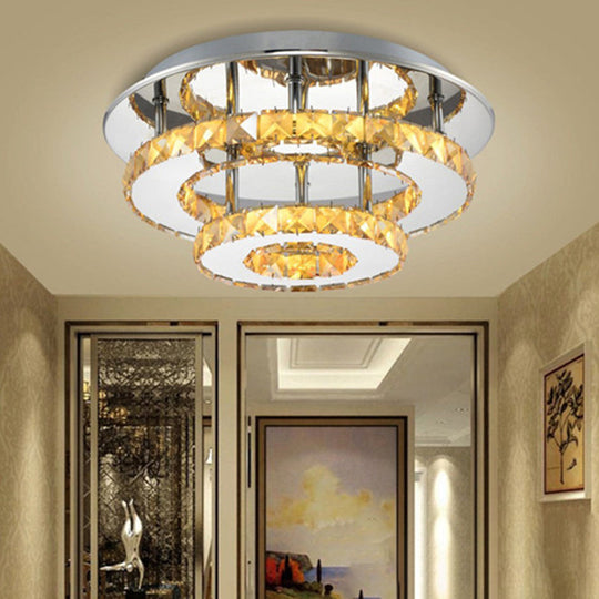 Beveled Crystal Loop Flush Mount Ceiling Light - Modern 8"/12" Width - Stainless-Steel LED Fixture