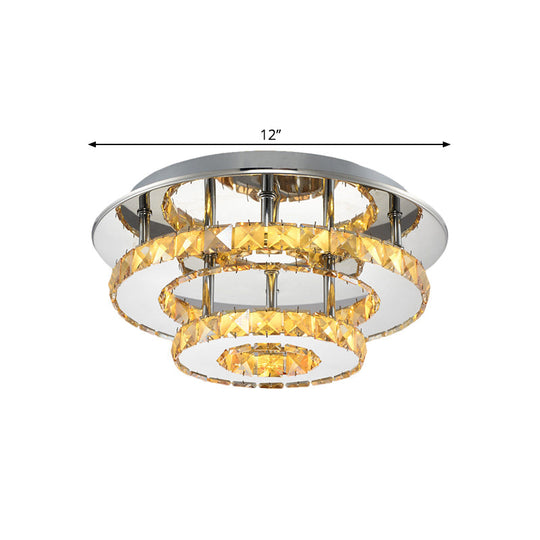 Beveled Crystal Loop Flush Mount Ceiling Light - Modern 8"/12" Width - Stainless-Steel LED Fixture