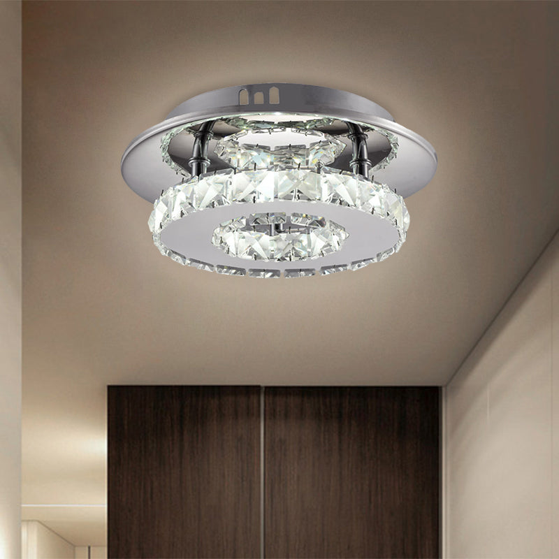Beveled Crystal Loop Flush Mount Ceiling Light - Modern 8"/12" Width - Stainless-Steel LED Fixture