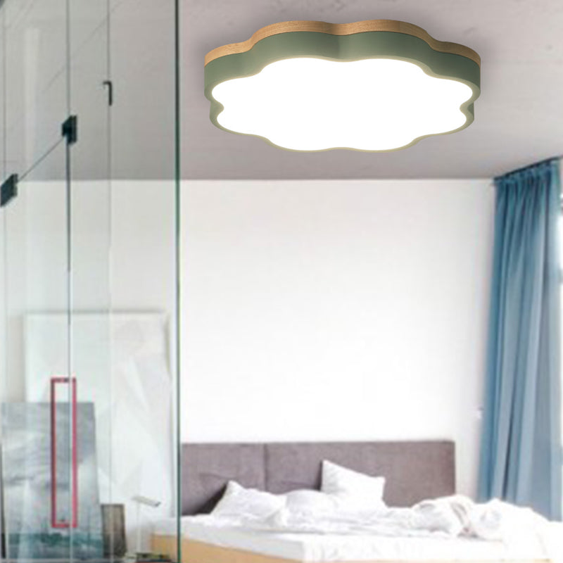 Kids Bedroom Wood LED Flush Mount Ceiling Light with Floral Shade