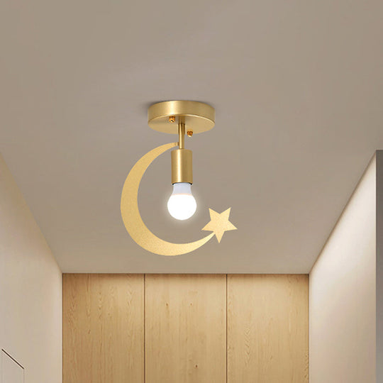 Grey/Gold Crescent & Star Kids Flush Mount Lighting - 1-Light Iron Ceiling Light for Corridor
