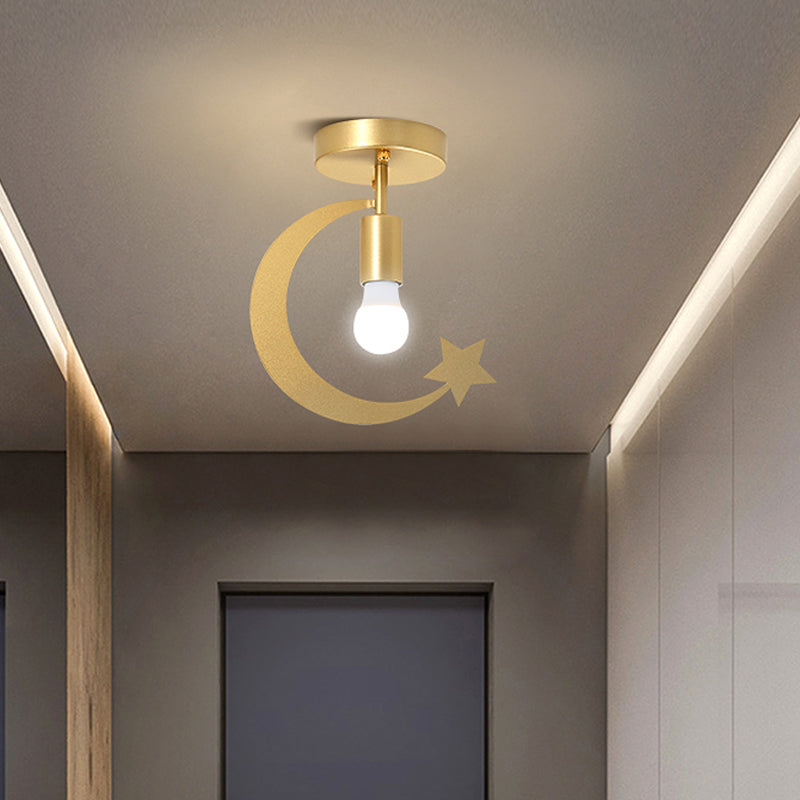 Grey/Gold Crescent & Star Kids Flush Mount Lighting - 1-Light Iron Ceiling Light for Corridor