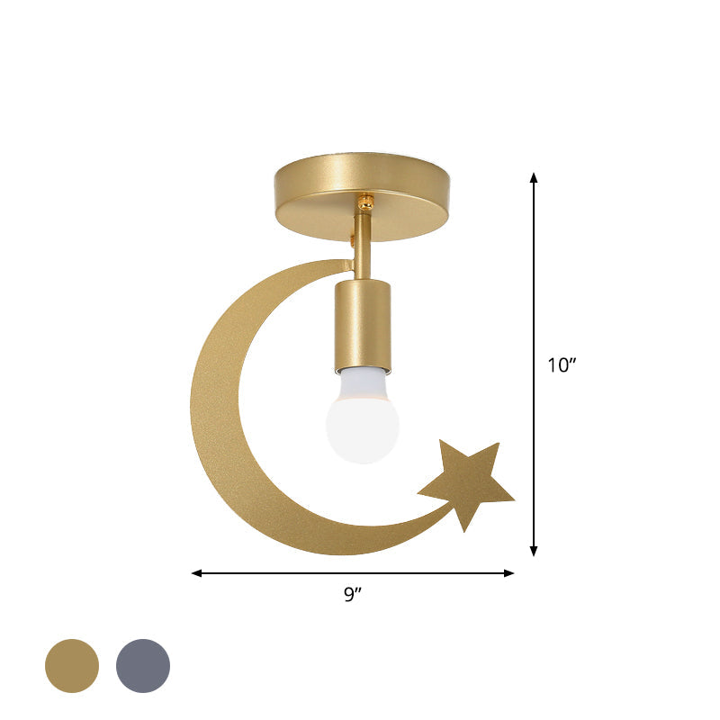 Grey/Gold Crescent & Star Kids Flush Mount Lighting - 1-Light Iron Ceiling Light for Corridor