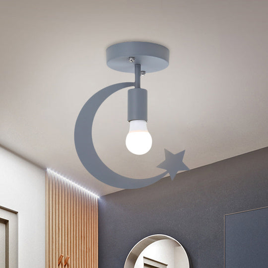 Grey/Gold Crescent & Star Kids Flush Mount Lighting - 1-Light Iron Ceiling Light for Corridor