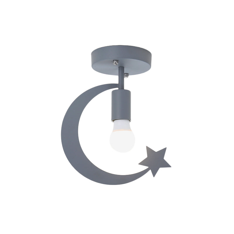 Grey/Gold Crescent & Star Kids Flush Mount Lighting - 1-Light Iron Ceiling Light for Corridor
