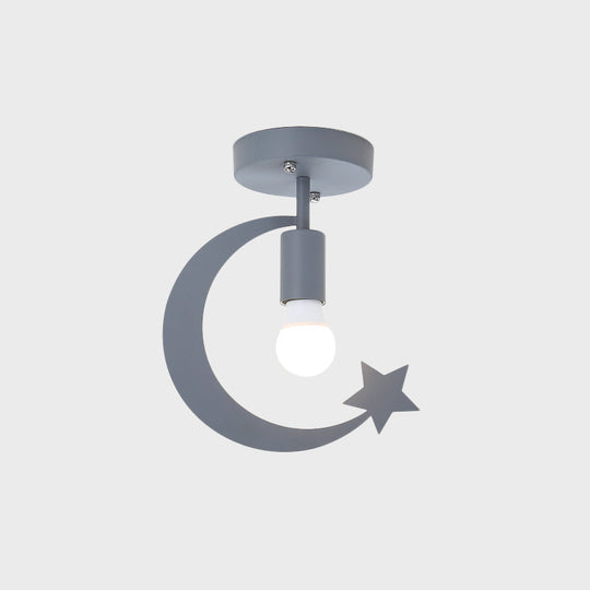 Grey/Gold Crescent & Star Kids Flush Mount Lighting - 1-Light Iron Ceiling Light for Corridor