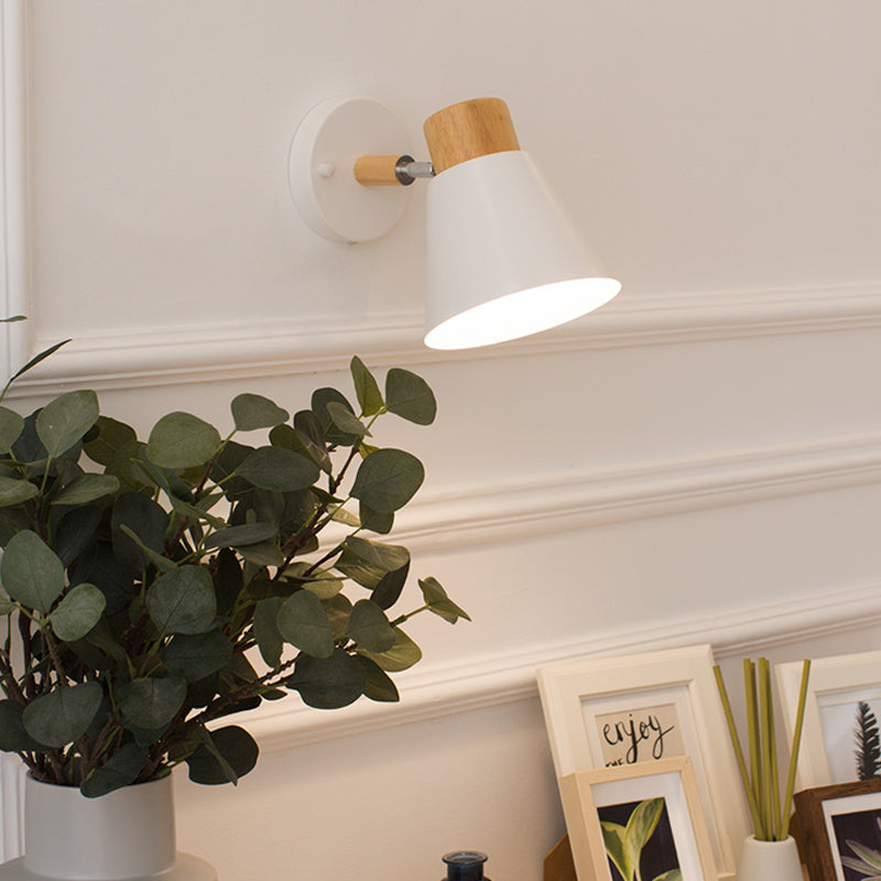 Nordic Stylish Cone Shade Wall Mount Light with Rotatable Bedside Sconce - Metal and Wood, 1 Bulb, Black/White