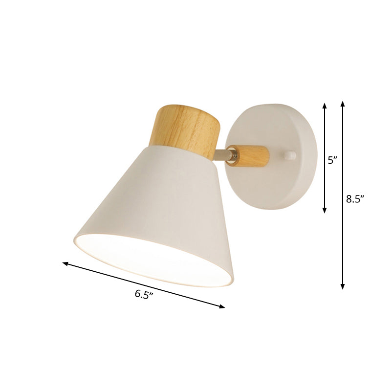 Nordic Stylish Cone Shade Wall Mount Light with Rotatable Bedside Sconce - Metal and Wood, 1 Bulb, Black/White