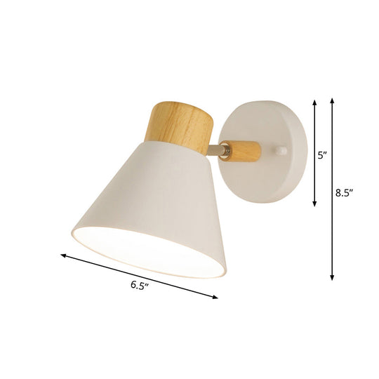 Nordic Stylish Cone Shade Wall Mount Light with Rotatable Bedside Sconce - Metal and Wood, 1 Bulb, Black/White