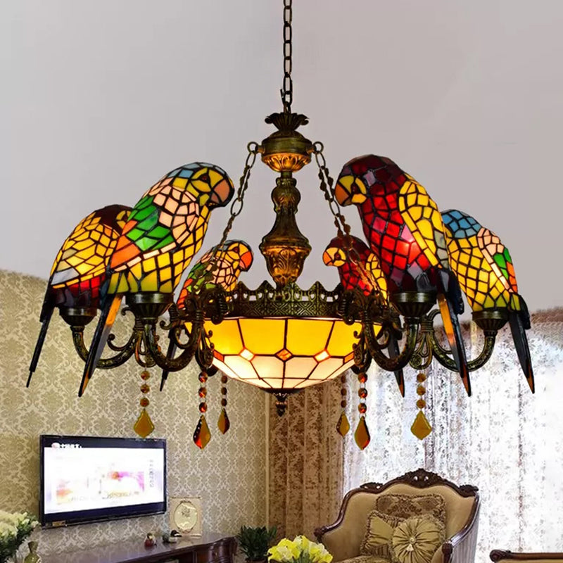 Bronze Tiffany Style Stained Glass Chandelier: Parrots Shade, 9 Lights, Amber Crystal Decoration - Perfect for Dining Room Ceiling