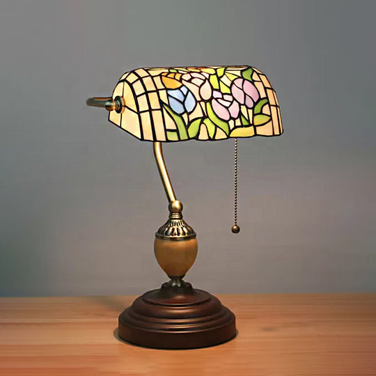 Tiffany Style Bankers Table Lamp - 1 Light, Stainless Glass, Brown Finish, Pull Chain