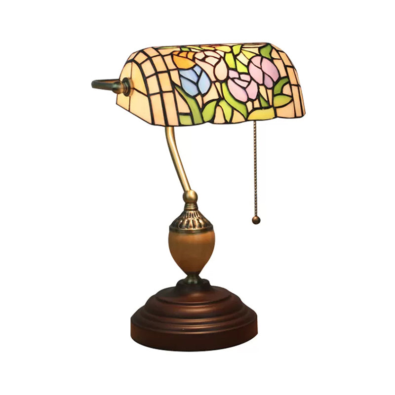 Tiffany Style Bankers Table Lamp - 1 Light, Stainless Glass, Brown Finish, Pull Chain