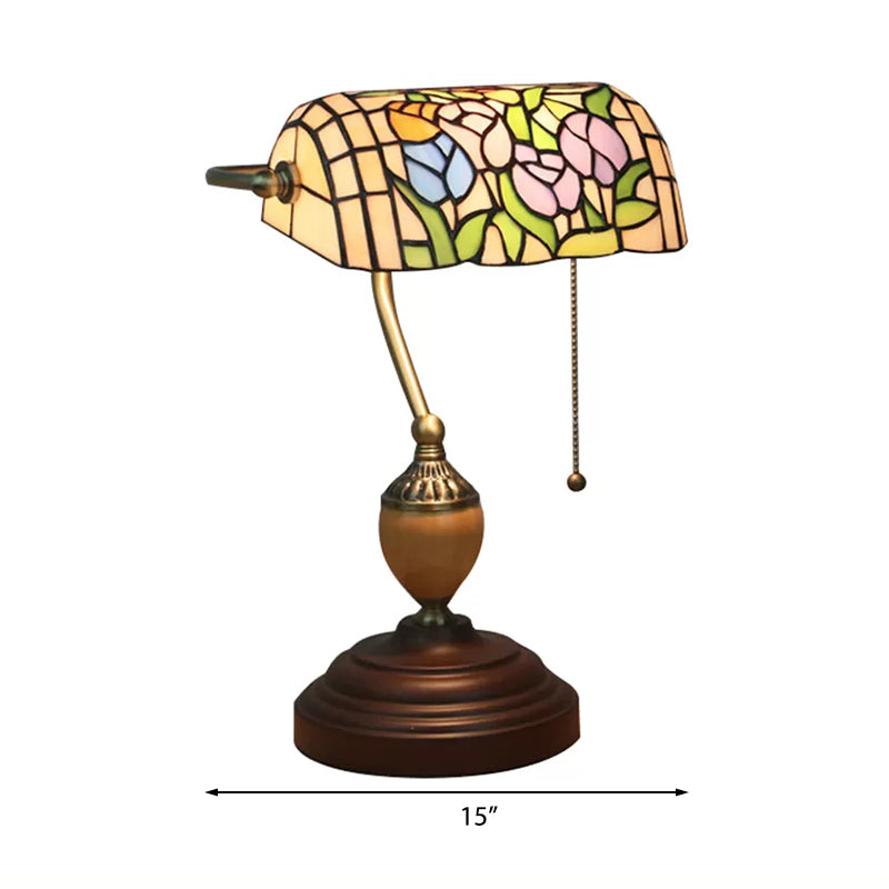 Tiffany Style Bankers Table Lamp - 1 Light, Stainless Glass, Brown Finish, Pull Chain
