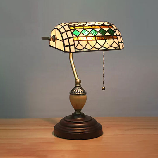 Tiffany Style Bankers Table Lamp - 1 Light, Stainless Glass, Brown Finish, Pull Chain